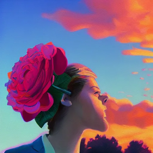 Image similar to closeup, giant rose flower head, frontal, girl in a suit, surreal photography, sunrise, blue sky, dramatic light, impressionist painting, digital painting, artstation, simon stalenhag