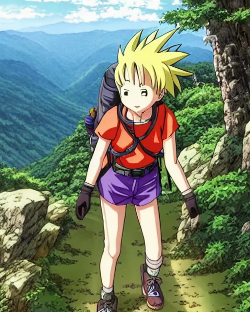 Image similar to a girl hiking the appalachian mountains, full shot, visible face, ambient lighting, detailed, very modern anime style, art by akira toriyama, eiichiro oda, hayao miyazaki, kentaro miura, masashi kishimoto