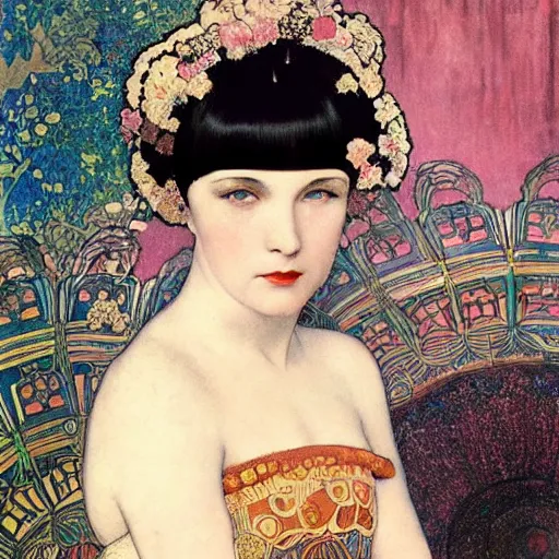 Image similar to louise brooks wearing an elaborate chinese cloud headdress beautiful detailed romantic art nouveau lithograph face portrait by alphonse mucha and gustav klimt, hauntingly beautiful refined moody dreamscape