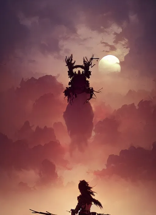 Image similar to !dream Environmental Art, Horizon Zero Dawn silhoutte, archer, atmospheric environment, Character Design, demonic presence, Holy Heavenly Host Divine Angelic Army. Beeple, grimshaw, thomas cole, ismail inceoglu, winslow homer, greg rutkowski, gerald brom, marc simonetti, simon stalenhag, anton fadeev, donglu yu