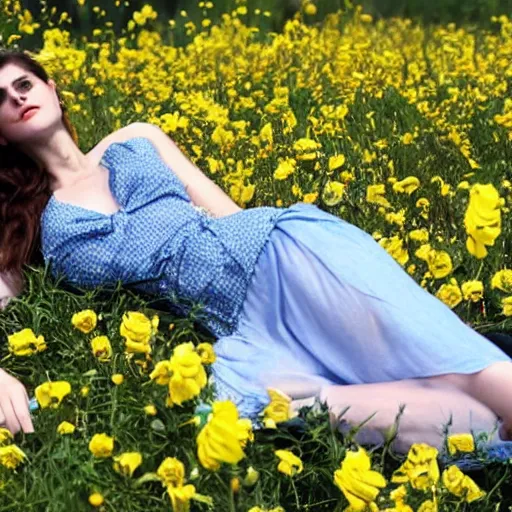 Image similar to alexandra daddario laying in a field of flowers, with bees all over the flowers