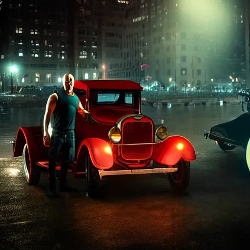 Image similar to very closeup photo of vin diesel as tommy angelo standing near ford model t, chicago 1 9 3 0, night, volumetric lighting, ultra realistic, highly detailed, cinematic, art by jan urschel and neil blevins