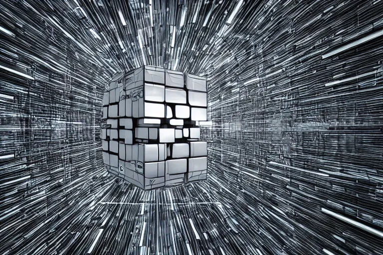 Prompt: single futuristic Intricate cube black background 4K 3D render desktopography HD Wallpaper digital art