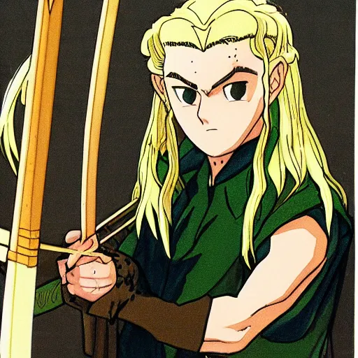 Prompt: Portait of Legolas in an 80s anime version of Lord of the Rings, holding a longbow, very detailed, ultra realistic, handpainted, Satoshi Kon, Hiyao Miyazaki, Katsuhiro Otomo