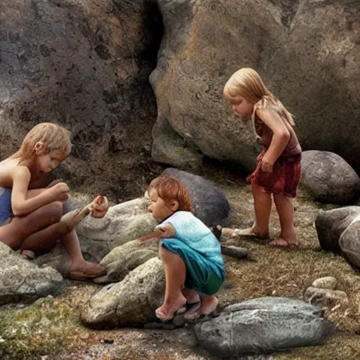 Image similar to “ kids in stone age looking for food, realistic ”