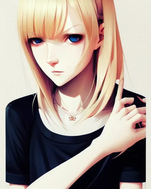 Image similar to really cool up close portrait of a beautiful blonde english emo girl in tshirt, by saruei and guweiz and ilya kuvshinov and rockwell and warhol and range murata!!, magic art, sleek curves, intricate sharp focus, trending on artstation hq, deviantart, pinterest, unreal engine 5, 4 k uhd image