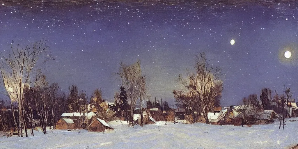 Image similar to a scene of a small rural russian village at night, stars, moon, wintertime, painting by isaac levitan