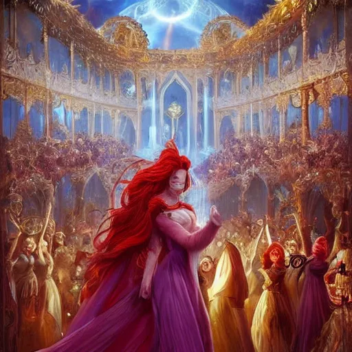 Prompt: Fantastic, fairytale painting, Beautiful, female mage, long flowing red hair, light emitting from fingertips, hovering, ornate gown, royalty, surrounded by a crowd of people, onlookers, kingdom, royal court, hyperreal,
