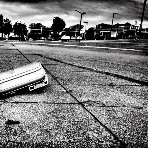 Prompt: Shot from below, of a ransacked empty luggage left on the ground, in a town filled with pale yellow mist. Dystopian. End of the world. Depth of field. Film grain. Award-winning photo. Sigma 40mm f/1.4 DG HSM