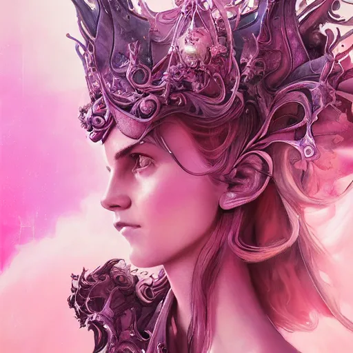 Prompt: pink portrait of beautiful female angel queen Emma Watson head wearing shiny pink crown, subtle purple accents, hyper details, black metal rococo, sculpted by Alex Alice, Craig Mullins, yoji shinkawa, trending on artstation, beautifully lit, Peter mohrbacher, hyper detailed, insane details, intricate, elite, elegant, luxury, ray of light through smoke, CGsociety, hypermaximalist, golden ratio, volumetric, octane render, weta digital, micro details, 3d sculpture