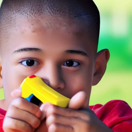 Prompt: boy holding airplane toy in his hand. hands, face, fingers. detailed, realistic, photorealistic.