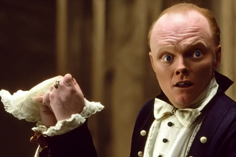 Prompt: a film still of Bill burr in Amadeus, high quality