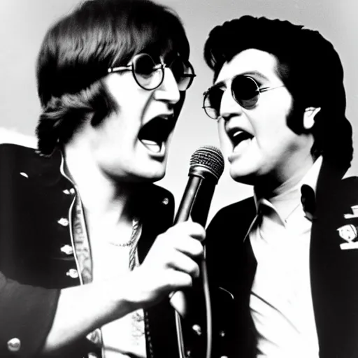 Image similar to john lennon and elvis singing together in the same microphone, concert photography from the 70s, bokeh, 4k