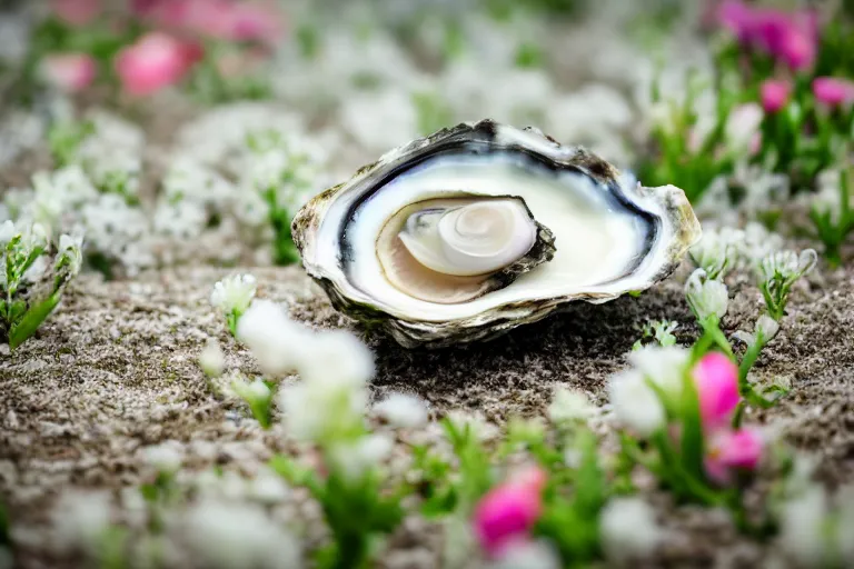 Image similar to a romantic dlsr photoportrait of an oyster in the field of flowers. pastel colors, blurred background. sharp focus on the oyster, 5 0 mm lens, professional light
