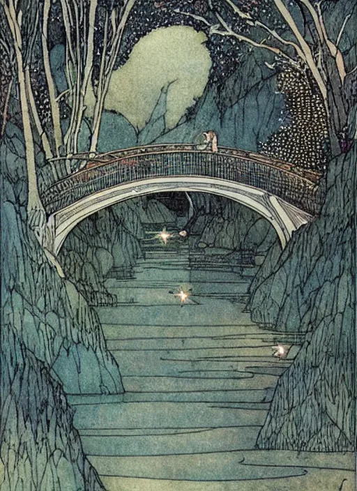 Image similar to an crystal bridge crosses a river flowing with stars, highly detailed, aesthetics, by edmund dulac