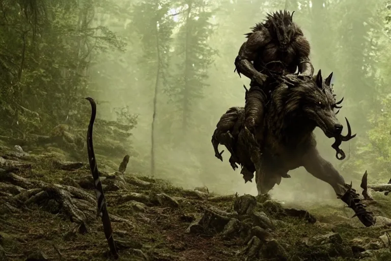 Image similar to vfx movie closeup detailed ancient armored warrior orc hunting riding large wolf in the forest, natural lighting by emmanuel lubezki