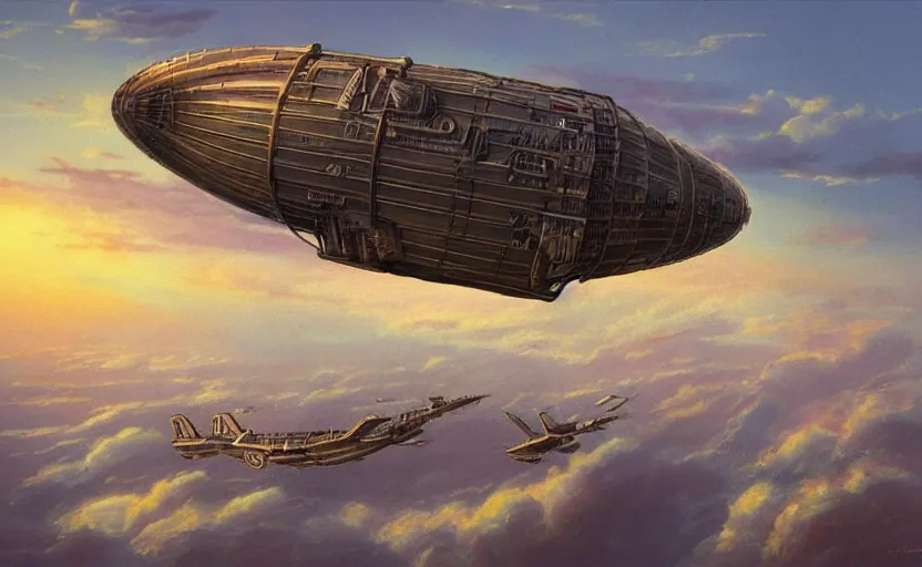 Prompt: artdeco steampunk airship in clouds over prague city, city lights, birds, sunset, evening light, illustration by james gurney, artstation