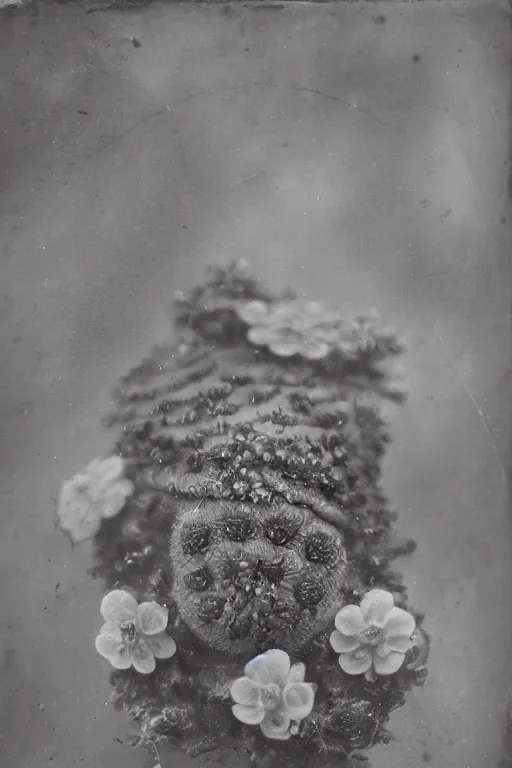 Image similar to tardigrade!!! daguerreotype portrait photograph. lots of flowers around the tardigrade. ansel adams. highly detailed. old timey.