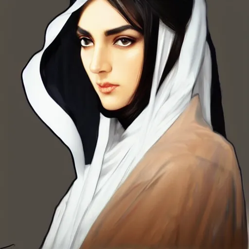 Image similar to faceshot of modern tanned Ameera al-Taweel, blue eyes, wavy black hair, white veil, highly detailed, digital painting, artstation, concept art, smooth, sharp focus, illustration, trending on ArtStation, art by artgerm and greg rutkowski and alphonse mucha and J. C. Leyendecker and Edmund Blair Leighton and Katsuhiro Otomo and Geof Darrow and Phil hale and Ashley wood and Ilya repin and Charlie Bowater