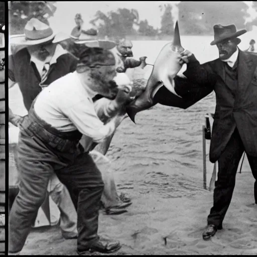 Image similar to teddy Roosevelt punching a shark at the county fair