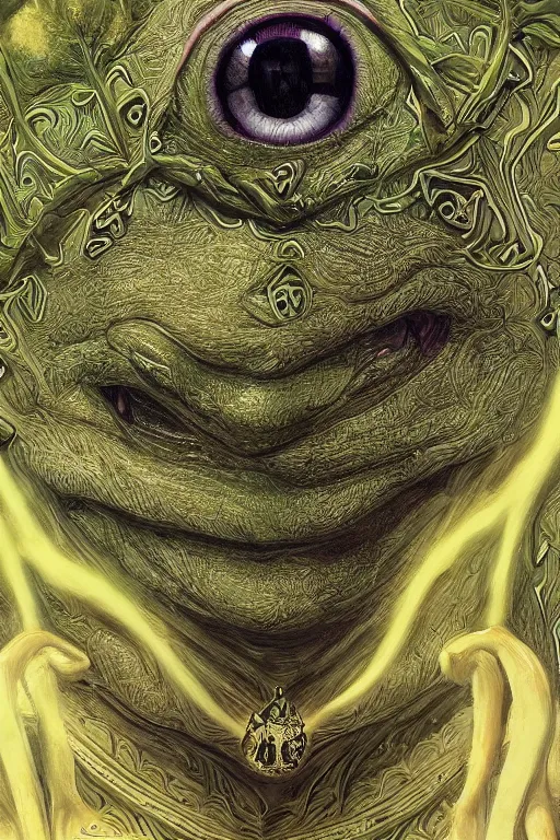 Prompt: cinematic portrait of Pepe the Frog. Centered, uncut, unzoom, symmetry. charachter illustration. Dmt entity manifestation. Surreal render, ultra realistic, zenith view. Made by hakan hisim feat cameron gray and alex grey. Polished. Inspired by patricio clarey, heidi taillefer scifi painter glenn brown. Slightly Decorated with Sacred geometry and fractals. Extremely ornated. artstation, cgsociety, unreal engine, ray tracing, detailed illustration, hd, 4k, digital art, overdetailed art. Intricate omnious visionary concept art, shamanic arts ayahuasca trip illustration. Extremely psychedelic. Dslr, tiltshift, dof.  64megapixel. complementing colors. Remixed  by lyzergium.art feat binx.ly and machine.delusions. zerg aesthetics. Trending on artstation, deviantart