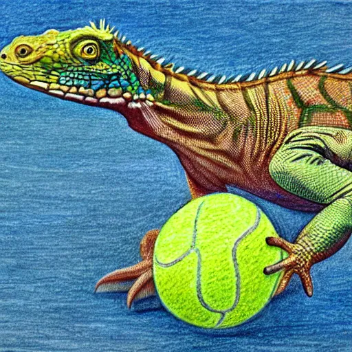 Image similar to colored pencil drawing, iguana playing tennis