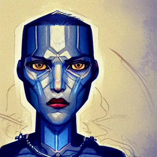 Image similar to intricate portrait, pure blue skin, short white hair, cinematic, in the style of enki bilal!