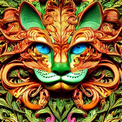 Image similar to beautiful colourful highly detailed incredibly ornate decorative cat face green man 3 d sculplture by walter crane and william morris and kilian eng, closeup, twisting leaves, tiny fine flowing lines, abstract psychedelic, 8 k, artstation