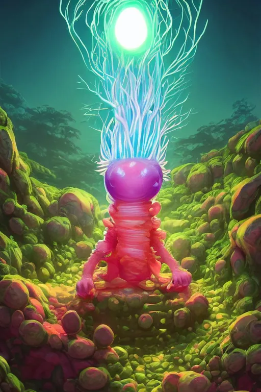 Image similar to roots cactus sushi cristal smurf ghost creature animal sushi cristal very big eye roots cactus elemental flush of force nature micro world fluo fishscale, behance hd by jesper ejsing, by rhads, makoto shinkai and lois van baarle, ilya kuvshinov, rossdraws radiating a glowing aura global illumination ray tracing hdr