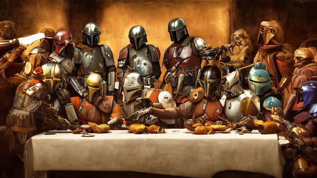 Image similar to mandalorian last supper, by leonardo davinci, concept art, oil painting, art station, dynamic lighting, highly detailed, very detailed, 4 k