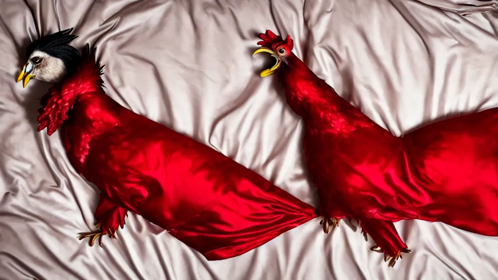 Image similar to A Extremely Stunning Detailed Full body picture of a singular isolated Chicken, lays down across the bed horizontally wearing a red dress while laying on a red Satin bed looking directly at you. 85mm, award winning