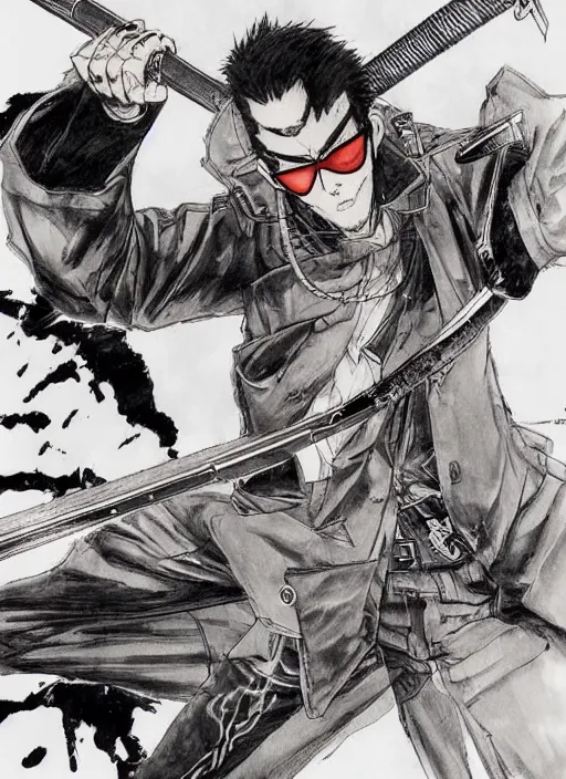 Prompt: travis touchdown swinging a beam katana, by takehiko inoue and kim jung gi, masterpiece ink illustration