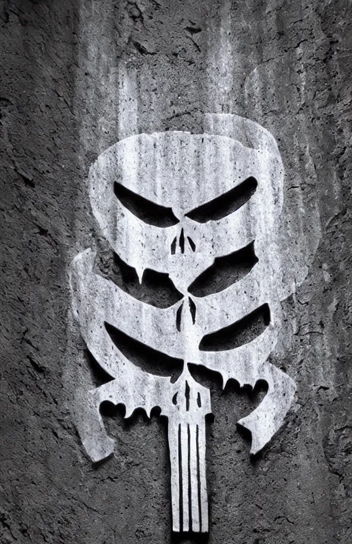 Prompt: punisher symbol carved deeply into stone edifice luminous smoke and light rays.