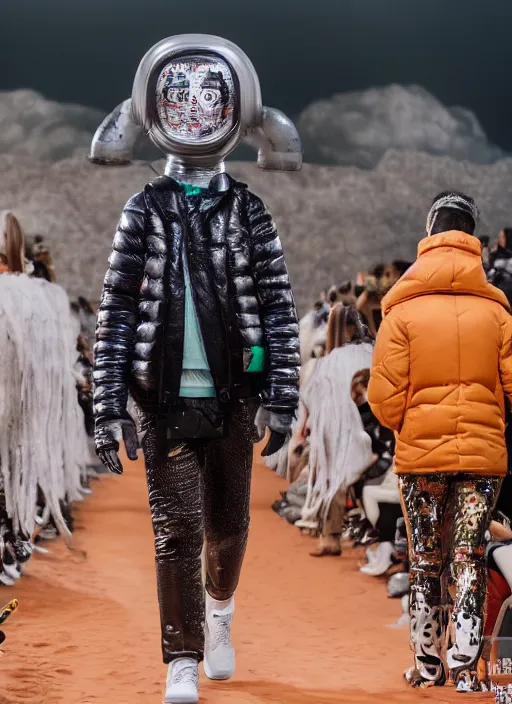 Image similar to hyperrealistic and heavy detailed Moncler runway show of rick and morty , Leica SL2 50mm, vivid color, high quality, high textured, real life