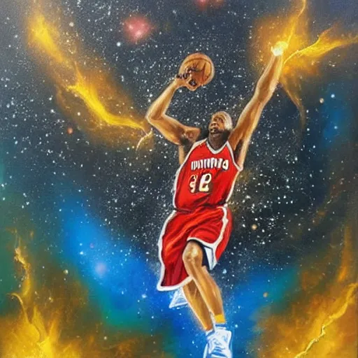 Image similar to an expressive oil painting of a basketball player dunking, depicted as an explosion of a nebula