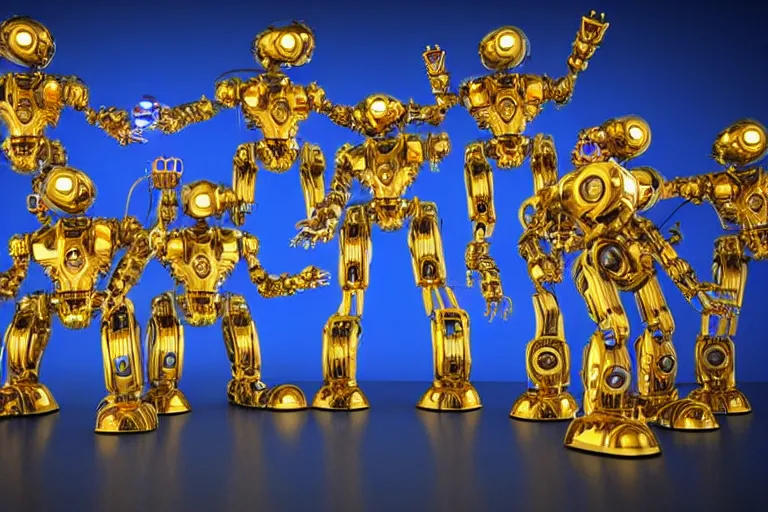 Image similar to a queue of 7 golden and blue metal humanoid steampunk robots dancing inside a television studio from americas got talent, robots are wearing and gears and tubes, eyes are glowing red lightbulbs, shiny crisp finish, 3 d render, 8 k, insaneley detailed, fluorescent colors, nightlight