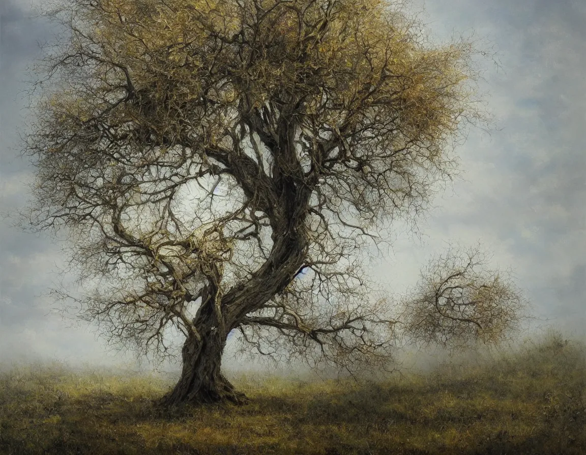 Image similar to hyper realistic oil painting of lonely tree of life, hd, hdr, by jan matejko, ultra detailed, high resolution