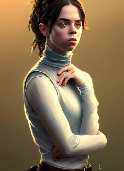 Image similar to portrait of a full body of beautiful young female detective, d & d, sleeveless turtleneck, fantasy, flat lighting, intricate, highly detailed, digital painting, artstation, concept art, smooth, sharp focus, illustration, billie eilish, art by simon bisley and greg rutkowski and alphonse mucha, natural tpose