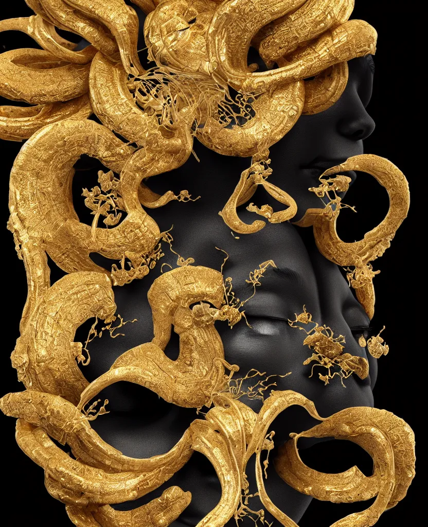 Image similar to black background. goddess princess face close-up portrait ram skull. sculpture made of gold and black charcoal. jellyfish phoenix head, nautilus, orchid, skull, betta fish, bioluminiscent creatures, intricate artwork by Tooth Wu and wlop and beeple. octane render, trending on artstation, greg rutkowski very coherent symmetrical artwork. cinematic, hyper realism, high detail, octane render, 8k