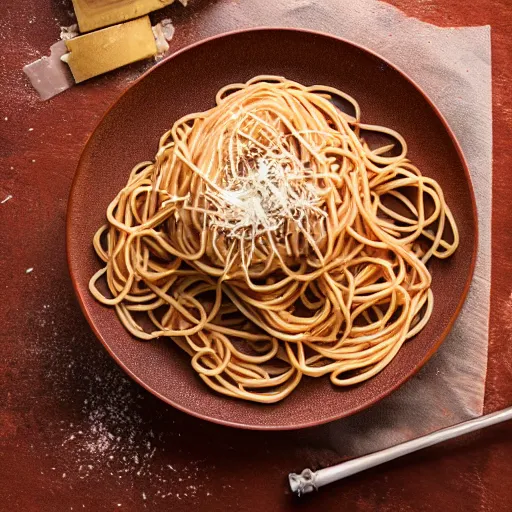 Prompt: spaghetti with chocolate, studio photography