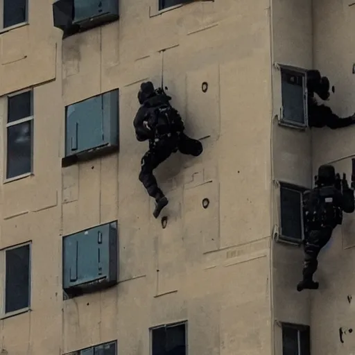 Prompt: swat breaching into a building