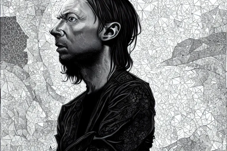 Image similar to hyper realistic portrait of thom yorke singer songwriter, side, liminal space, inside empty parking lot, by lee bermejo, alphonse mucha and greg rutkowski