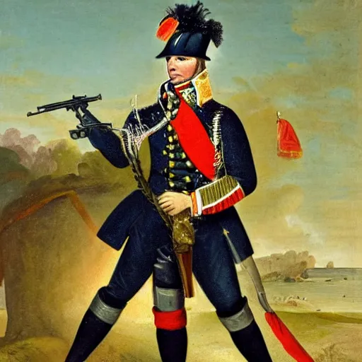 Image similar to a shrimp - faced soldier in a napoleonic uniform with a modern machine gun against a green sea background