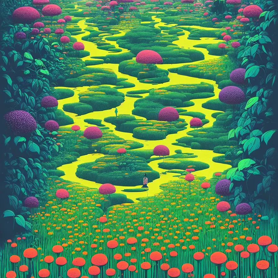 Image similar to ( ( ( gediminas pranckevicius ) ) ) flower garden, river flow through borneo jungle, summer morning, very coherent and colorful high contrast art by james gilleard floralpunk screen printing woodblock, dark shadows, pastel color, hard lighting