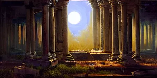 Prompt: beautiful hyperrealistic epic painting of the mysterious intricate ruins of a temple from an advanced alien civilization under the moonlight, by hubert robert and lee madwick and bastien lecouffe deharme, dramatic lighting