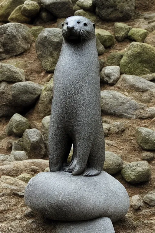 Prompt: a stone sculpture of a long otter, animal - shaped statue, stone sculpture, otter, photograph