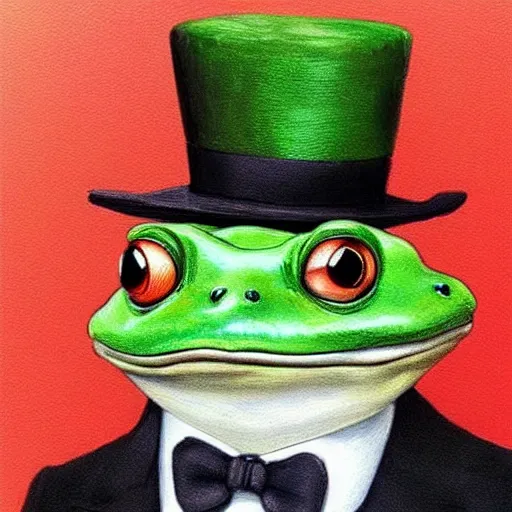 Frog in top hat, cute, realistic