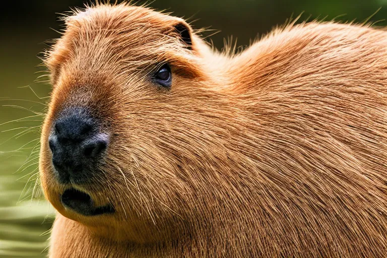 Prompt: a goldendoodle capybara!!! hybrid! hyper realistic!! realistic lighting!! wildlife photographer of the year!!! bold natural colors, national geographic, hd, wide angle, 8 k