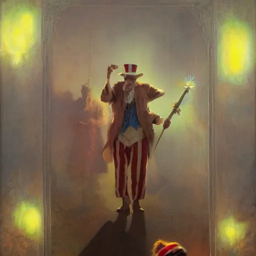 Image similar to uncle sam as a clown, radiant light, caustics, heroic, bright iridescent light, by gaston bussiere, bayard wu, greg rutkowski, maxim verehin