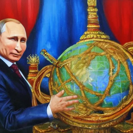 Image similar to oil painting of vladimir putin holding the world